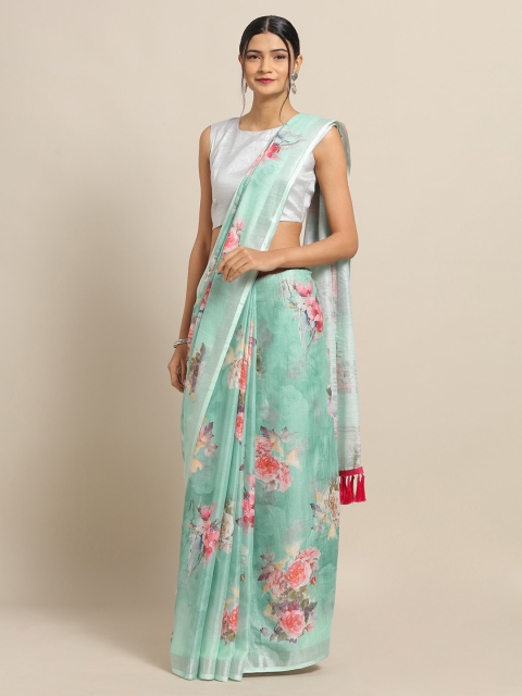 

VASTRANAND Sea Green & Pink Linen Blend Printed Saree