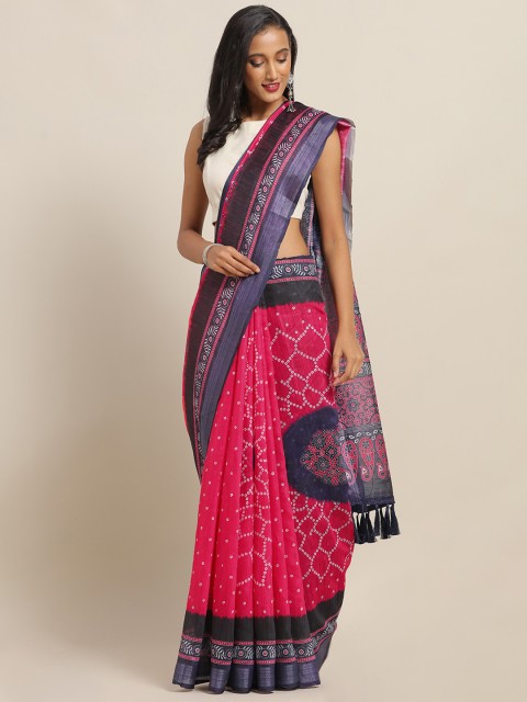 

VASTRANAND Pink & Blue Cotton Blend Printed Bandhani Saree