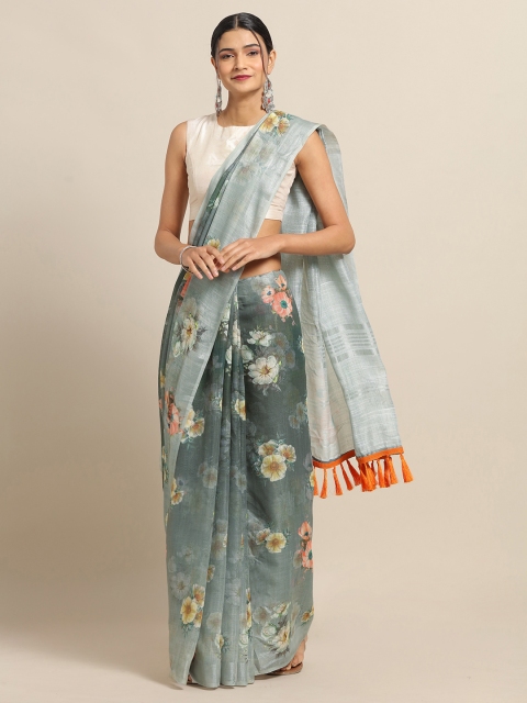 

VASTRANAND Grey & Pink Linen Blend Printed Saree