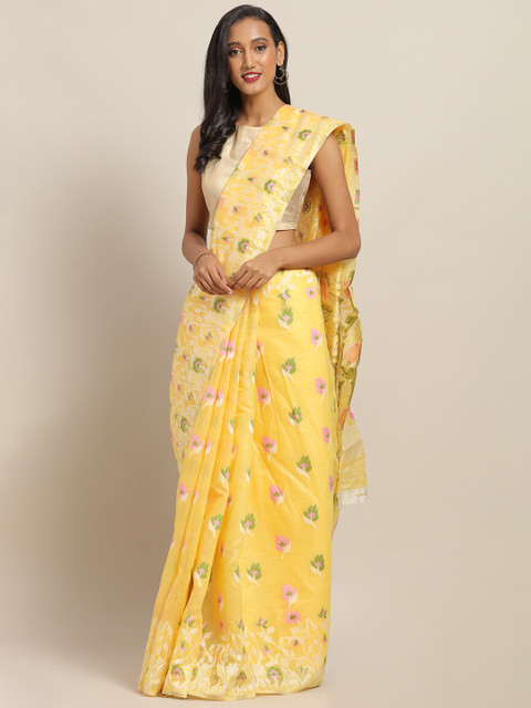 

VASTRANAND Yellow & Green Silk Cotton Printed Jamdani Saree