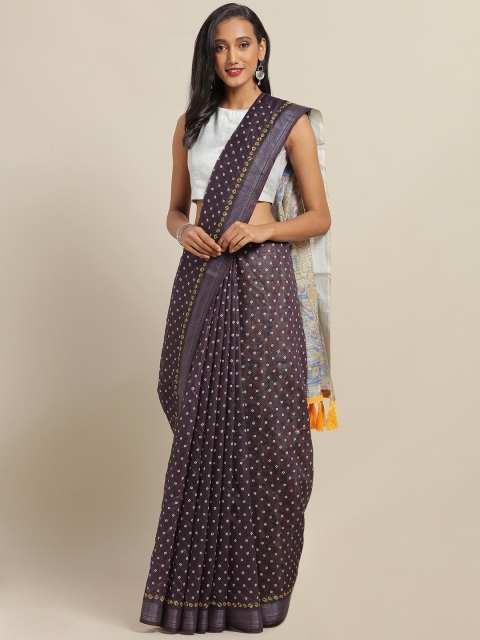 

VASTRANAND Burgundy & White Cotton Blend Printed Bandhani Saree