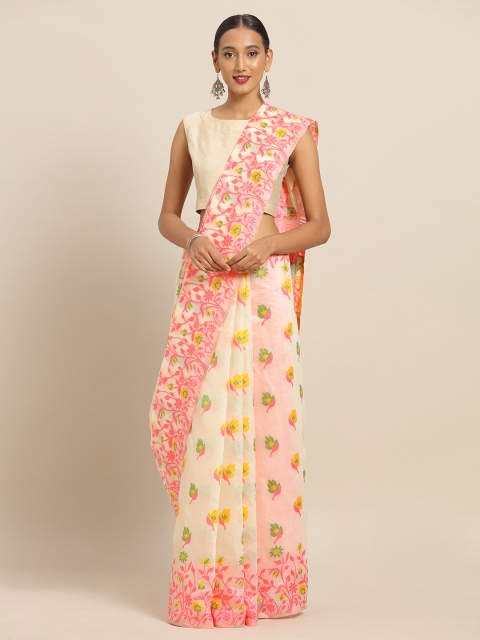

VASTRANAND Off-White & Pink Silk Cotton Printed Jamdani Saree