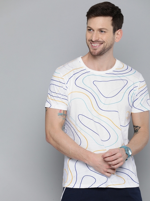 

HERENOW Men White Blue Printed Round Neck Pure Cotton T-shirt