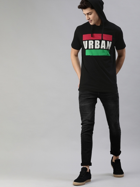 

HERE&NOW Men Black Printed Hood T-shirt