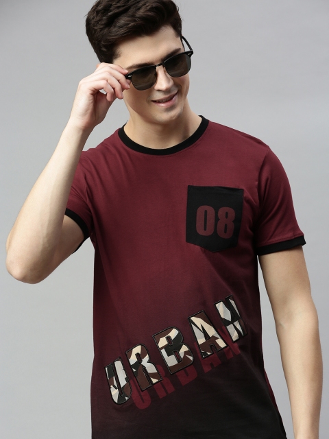 

HERE&NOW Men Burgundy Printed Round Neck T-shirt