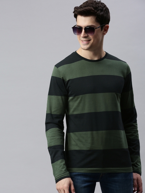 

HERE&NOW Men Black & Olive Green Striped Round Neck T-shirt