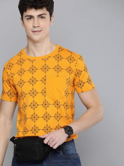 

HERE&NOW Men Mustard Yellow & Black Ethnic Printed Round Neck T-shirt with Pocket