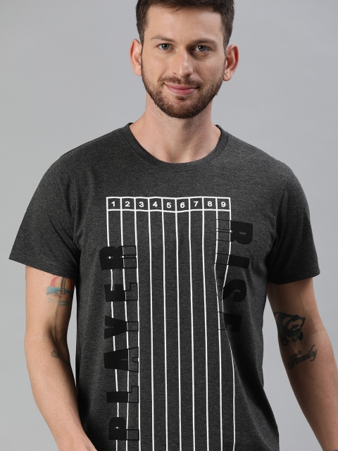 

HERE&NOW Men Charcoal Grey Printed Round Neck T-shirt