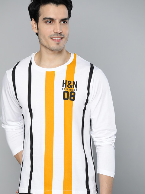 

HERE&NOW Men White & Mustard Yellow Striped Round Neck T-shirt