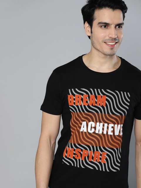 

HERE&NOW Men Black & Orange Printed Round Neck T-shirt