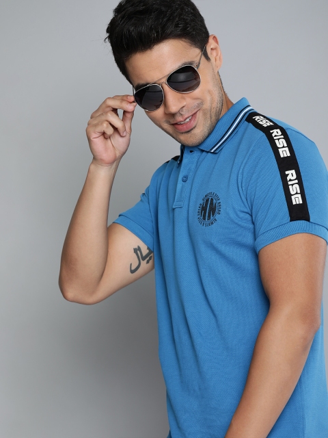 

HERE&NOW Men Blue Solid Polo Collar T-shirt with Print Detail