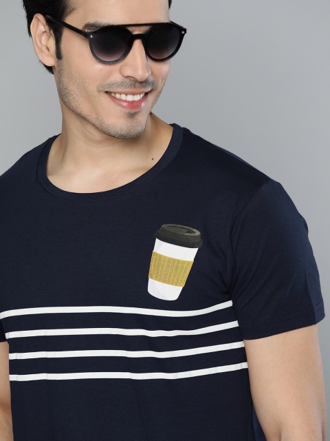

HERENOW Men Navy Blue White Striped Round Neck Pure Cotton T-shirt