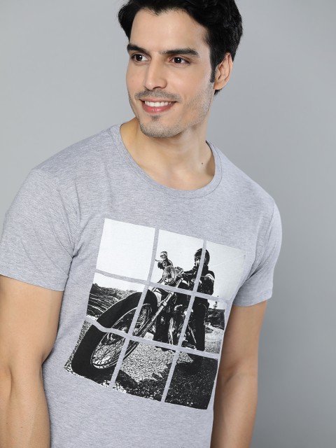 

HERE&NOW Men Grey Melange & Black Printed Round Neck T-shirt