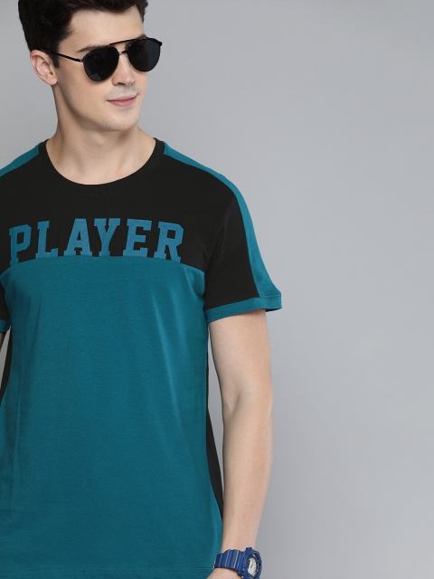 

HERE&NOW Men Teal Blue & Black Colourblocked Round Neck T-shirt