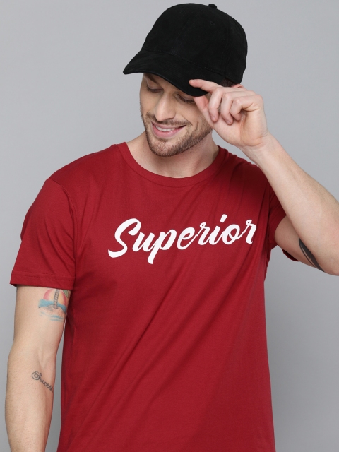 

HERENOW Men Maroon Printed Round Neck Pure Cotton T-shirt