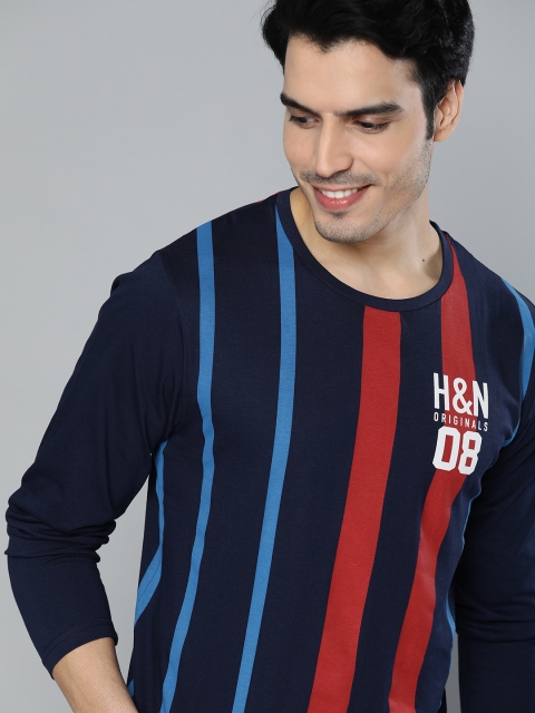 

HERENOW Men Blue Maroon Striped Round Neck Pure Cotton T-shirt