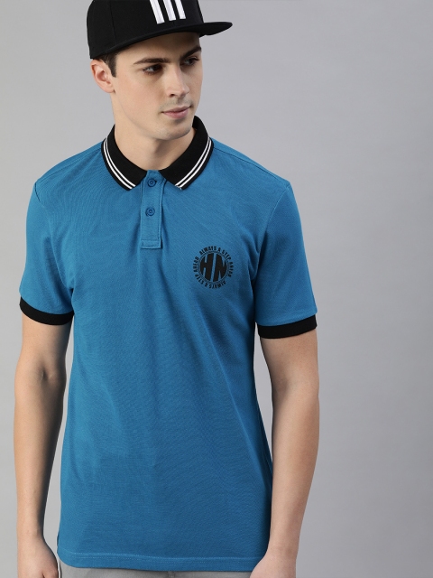 

HERE&NOW Men Blue Solid Polo Collar T-shirt