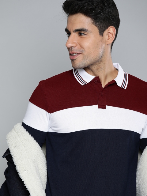 

HERE&NOW Men Navy Blue & Maroon Colourblocked Polo Collar T-shirt