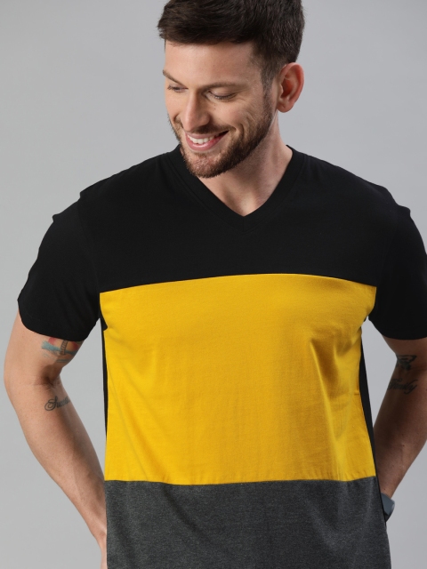 

HERENOW Men Charcoal Grey Mustard Yellow Colourblocked V-Neck Pure Cotton T-shirt