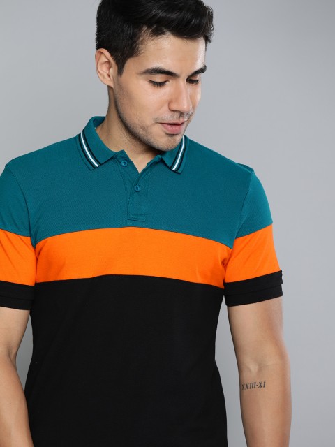 

HERE&NOW Men Black & Teal Blue Colourblocked Polo Collar T-shirt