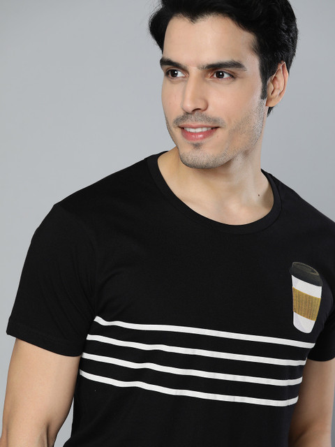 

HERENOW Men Black White Striped Round Neck Pure Cotton T-shirt