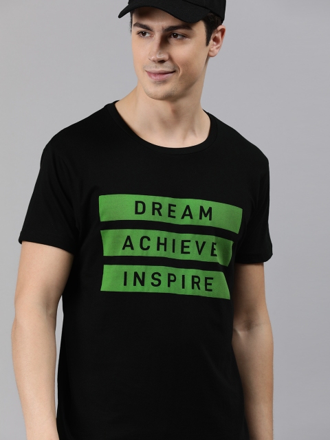

HERENOW Men Black Green Printed Round Neck Pure Cotton T-shirt