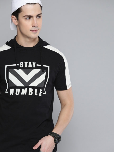 

HERE&NOW Men Black Printed Hood T-shirt