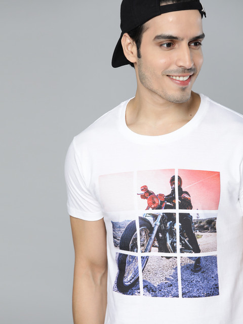 

HERE&NOW Men White & Blue Printed Round Neck T-shirt