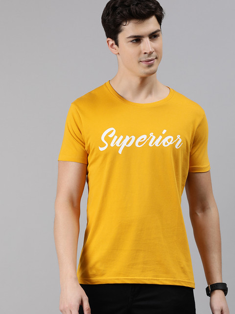 

HERENOW Men Mustard Yellow White Printed Round Neck Pure Cotton T-shirt