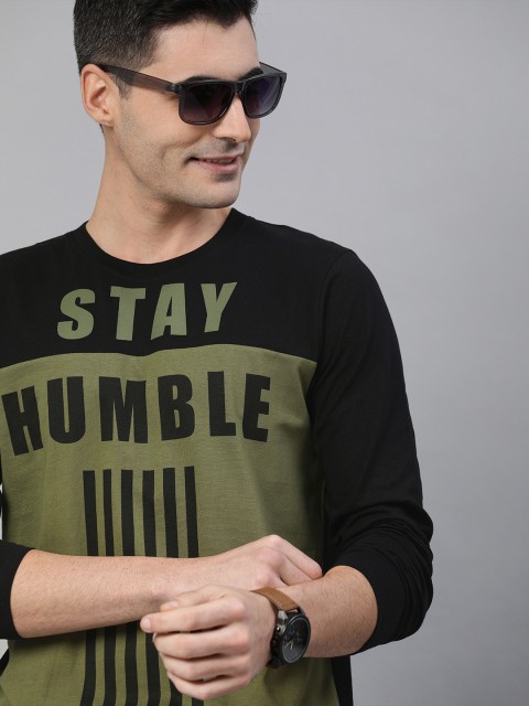 

HERE&NOW Men Black & Olive Green Printed Round Neck T-shirt