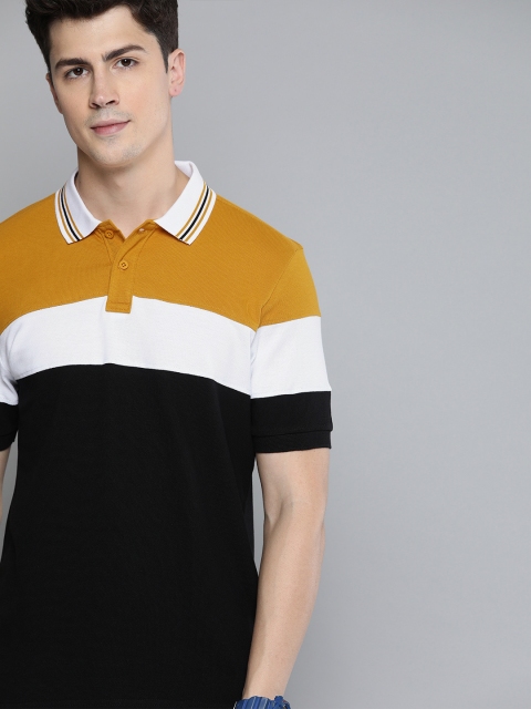 

HERE&NOW Men Black & Mustard Yellow Colourblocked Polo Collar T-shirt