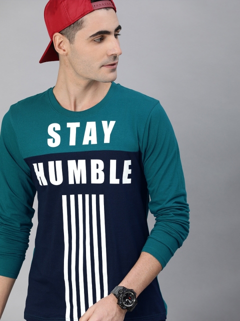 

HERE&NOW Men Teal Blue Printed Round Neck T-shirt