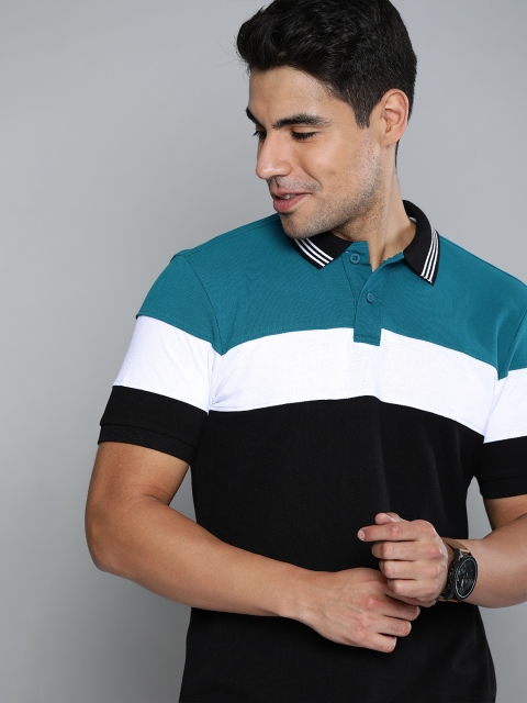 

HERE&NOW Men Black & Teal Blue Colourblocked Polo Collar T-shirt