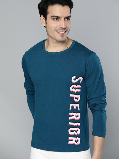 

HERE&NOW Men Teal Blue & White Printed Round Neck T-shirt