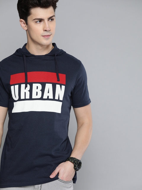 

HERE&NOW Men Navy Blue Printed Hood T-shirt