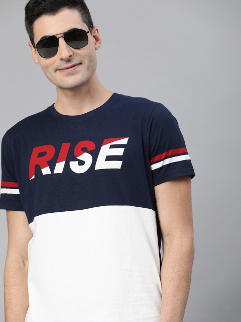 

HERE&NOW Men Navy Blue & White Colourblocked Round Neck T-shirt