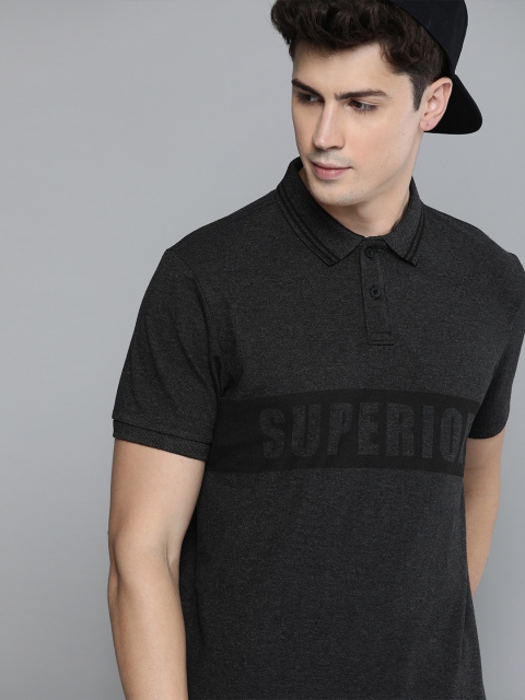 

HERE&NOW Men Charcoal Grey Printed Polo Collar T-shirt
