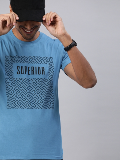 

HERENOW Men Blue Printed Round Neck Pure Cotton T-shirt
