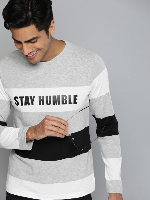 

HERE&NOW Men Grey Melange & Black Printed Round Neck T-shirt