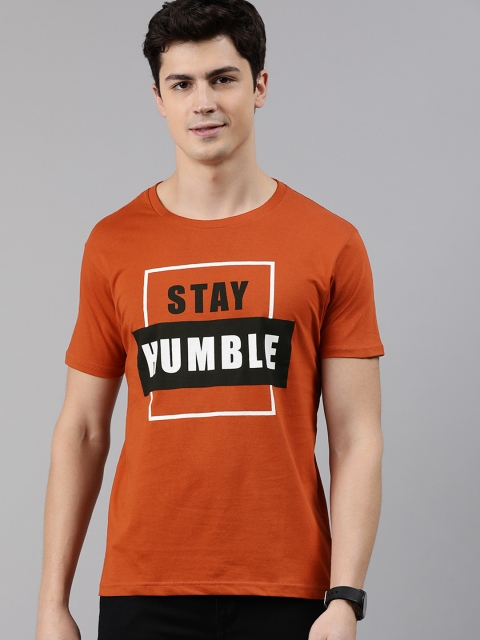 

HERENOW Men Rust Red Printed Round Neck Pure Cotton T-shirt