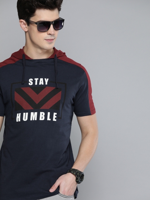 

HERE&NOW Men Navy Blue Printed Hood T-shirt