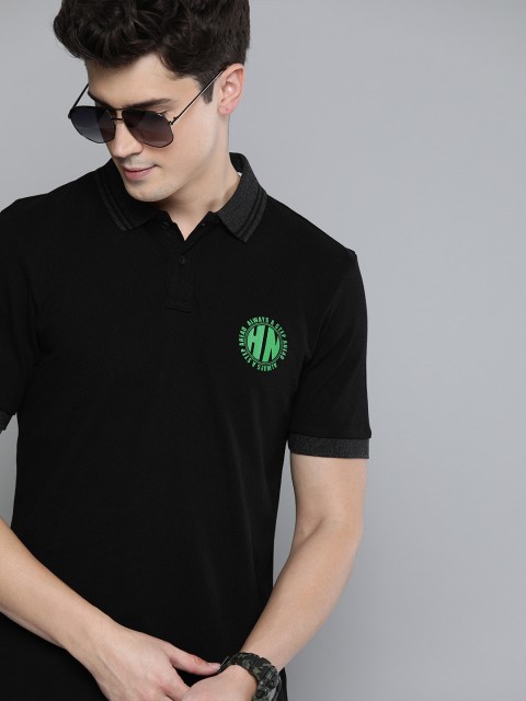 

HERE&NOW Men Black Solid Polo Collar T-shirt with Printed Detail