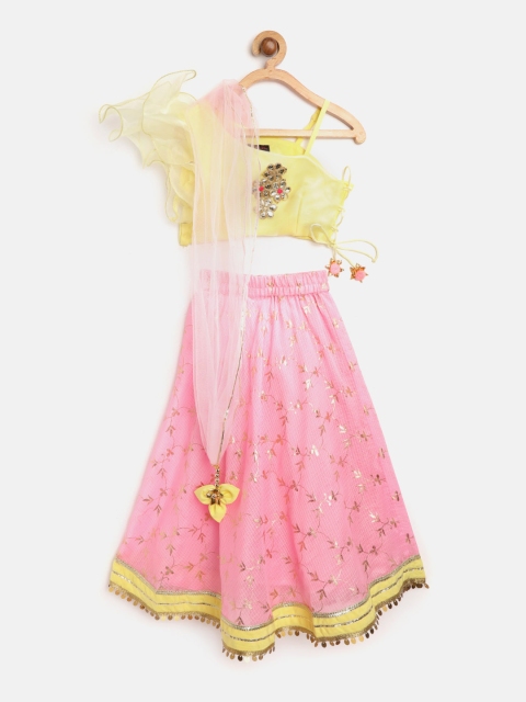 

pspeaches Girls Pink & Yellow Embellished Ready to Wear Lehenga & Blouse with Dupatta