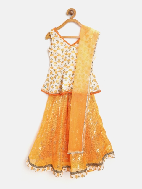 

pspeaches Girls Orange & White Printed Ready to Wear Lehenga & Blouse with Dupatta