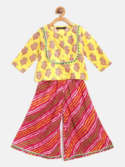 

pspeaches Girls Yellow & Pink Ethnic Print Handloom Kurti with Leheriya Palazzos