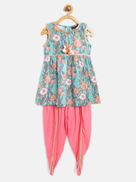 

pspeaches Girls Blue & Coral Pink Floral Print Handloom Kurta with Dhoti Pants