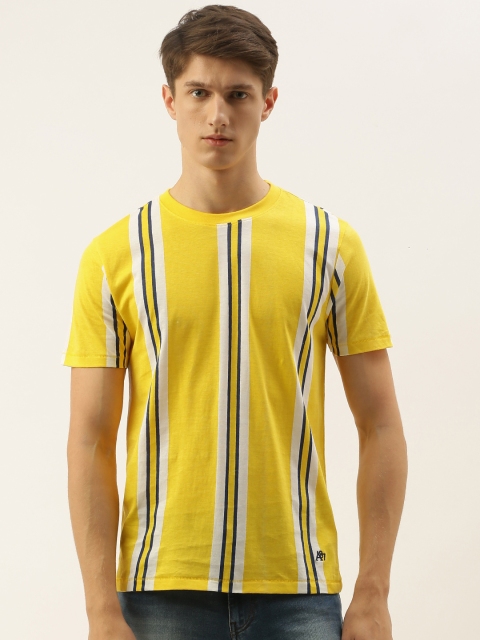 

Aeropostale Men Yellow White Striped Round Neck Pure Cotton T-shirt