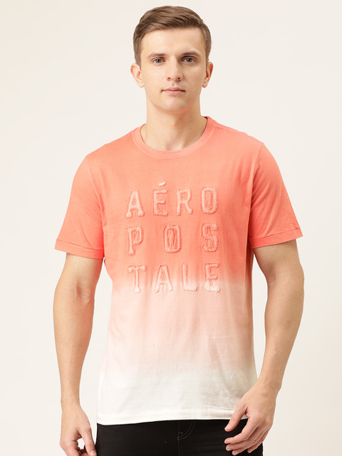 

Aeropostale Men Coral Pink Ombre Dyed Round Neck Pure Cotton T-shirt with Printed Detail