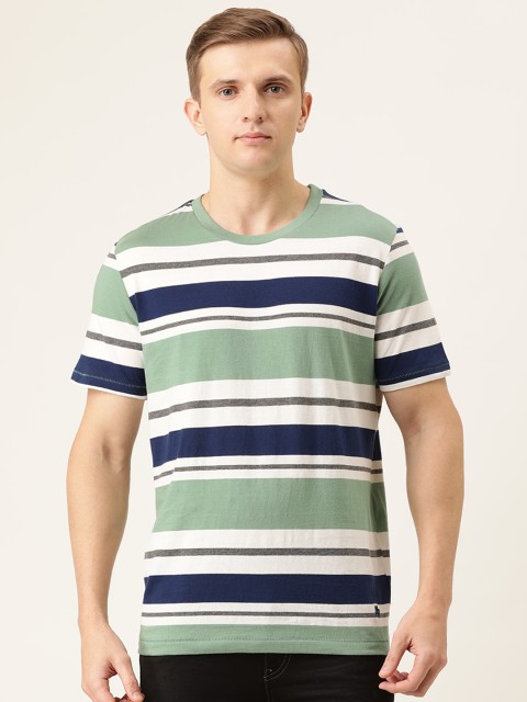 

Aeropostale Men Green Blue Striped Round Neck Pure Cotton T-shirt