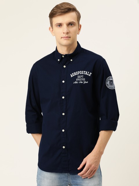 

Aeropostale Men Navy Blue Regular Fit Solid Casual Shirt with Applique